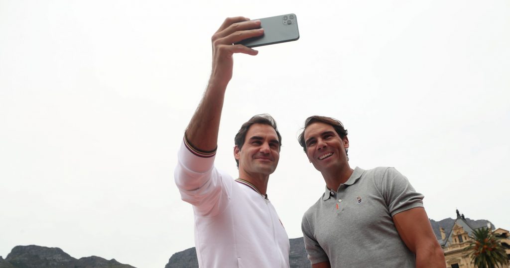 Roger Federer and Rafael Nadal taking a selfie in Cape Town in 2020
