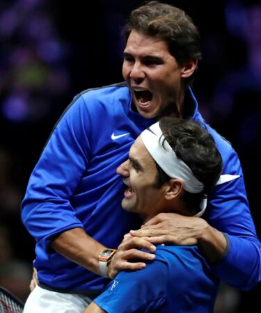 Rafael Nadal congratulates Roger Federer during the Laver Cup in 2017