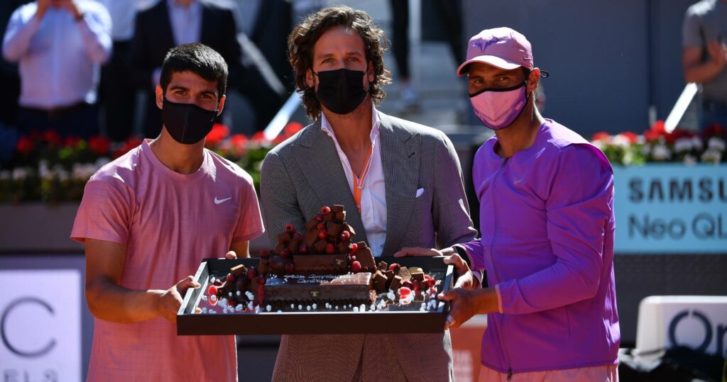 Carlos Alcaraz, Feliciano Lopez and Rafael Nadal at the 2021 Mutua Madrid Open