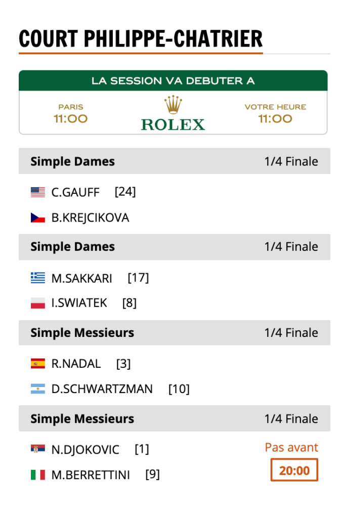 Roland-Garros' schedule for June 9