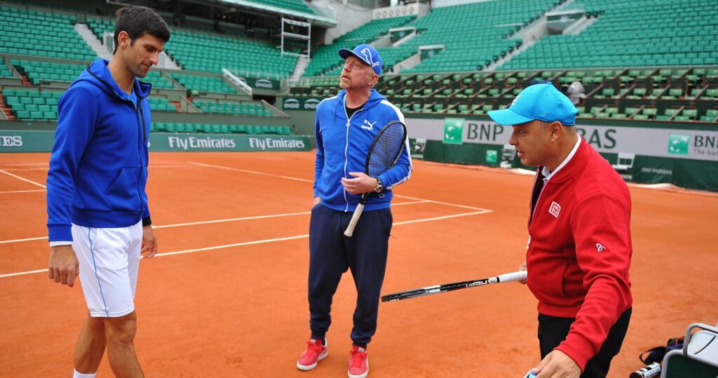 Novak Djokovic, Boris Becker & Marian Vajda at Roland-Garros in 2016