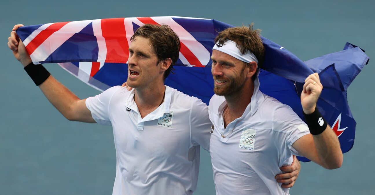 Ariake Tennis Park - Tokyo, Japan - July 30, 2021. Marcus Daniell of New Zealand and Michael Venus of New Zealand celebrate after winning their bronze medal match
