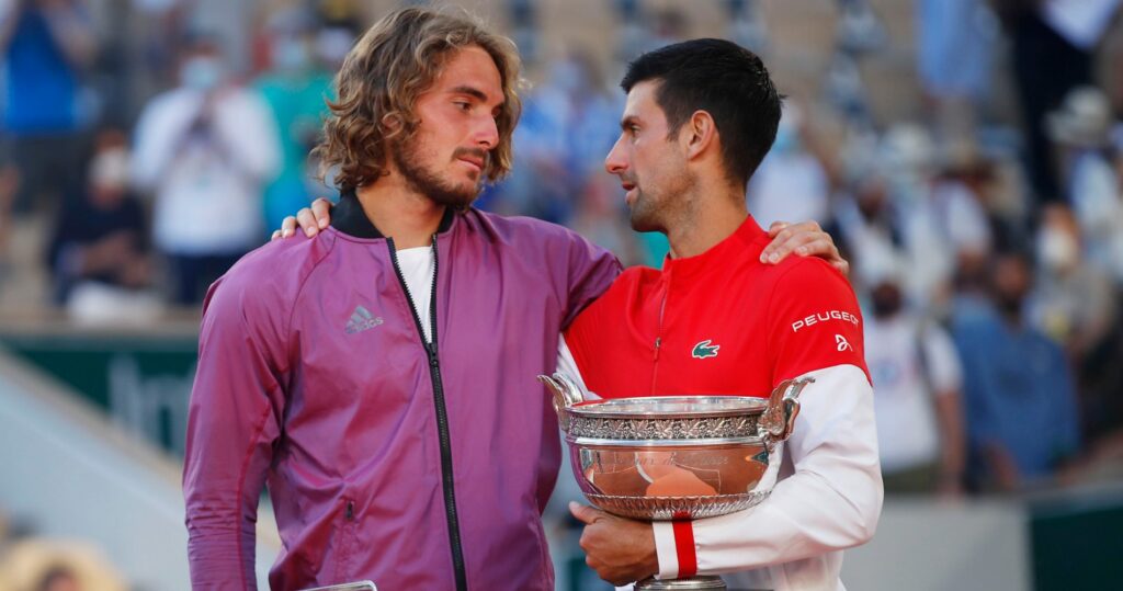 Stefanos Tsitsipas & Novak Djokovic at Roland-Garros in 2021