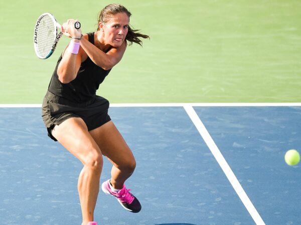 Daria Kasatkina (RUS) returns the ball during the first round WTA National Bank Open match on August 10, 2021 at IGA Stadium in Montreal, QC