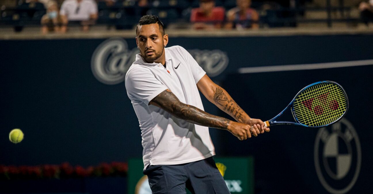 Nick Kyrgios returns a ball from the United States' Reilly Opelka during National Bank Open men's tennis action, in Toronto, Monday, Aug. 9, 2021.
