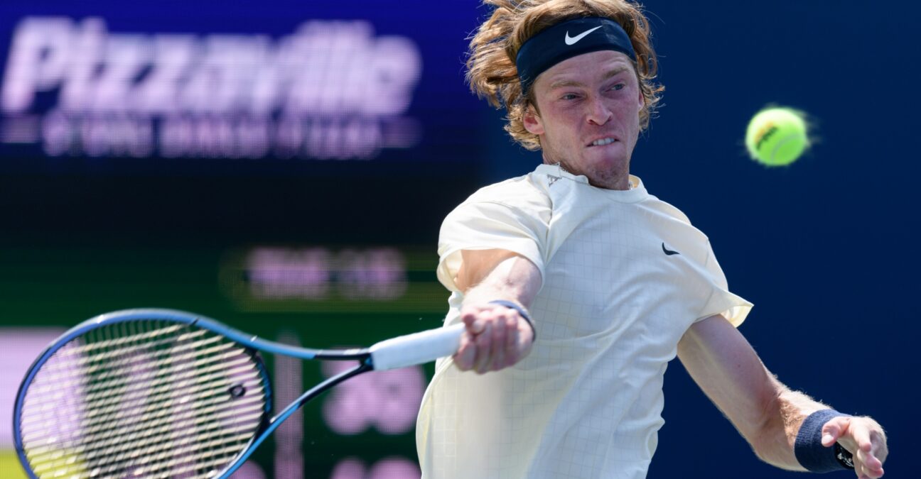 Andrey Rublev returns the ball during his National Bank Open tennis tournament second round game on August 11, 2021, at Aviva Centre in Toronto, ON, Canada.