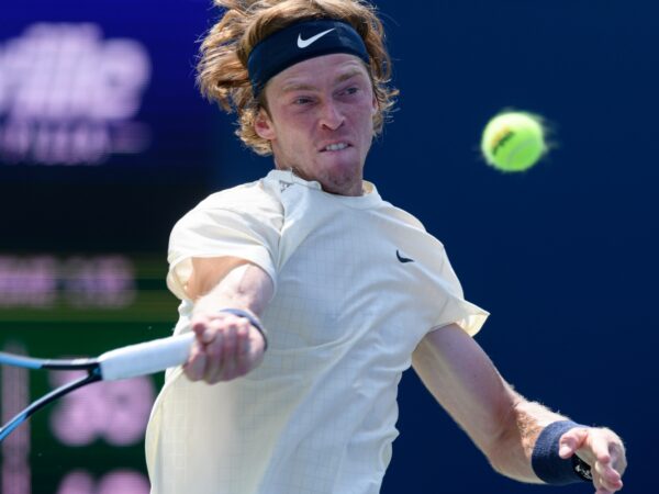 Andrey Rublev returns the ball during his National Bank Open tennis tournament second round game on August 11, 2021, at Aviva Centre in Toronto, ON, Canada.