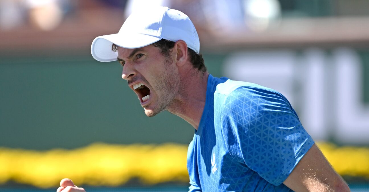 Andy Murray (GBR) reacts after winning a point during his second round match against Carlos Alcaraz (ESP) in the BNP Paribas Open at the Indian Wells Tennis Garden.
