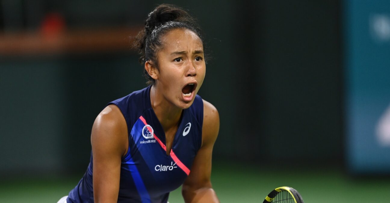 Leylah Fernandez (CAN) celebrates after defeating Anastasia Pavlyuchenkova (RUS) in the third set of her third round match in the BNP Paribas Open at the Indian Wells Tennis Garden.
