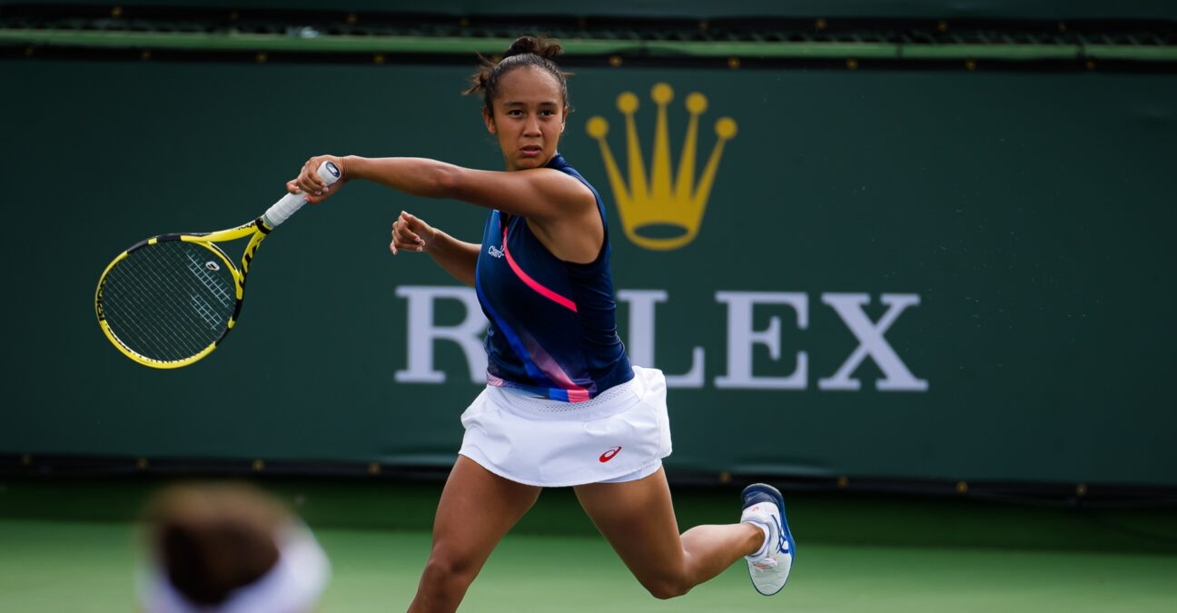 Leylah Fernandez of Canada playing doubles at the 2021 BNP Paribas Open WTA 1000 tennis tournament