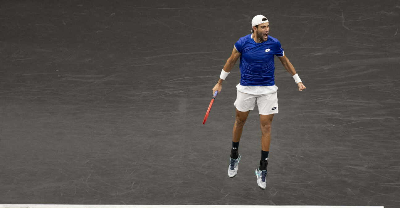 Matteo Berrettini of Team Europe leaps in celebration after winning match point against Team Worlds Felix Auger-Aliassime during the Laver Cup at TD Garden