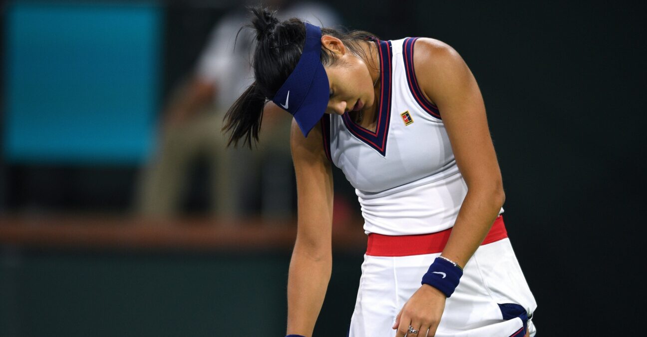 Emma Raducanu reacts after losing a point to Aliaksandra Sasnovich at the Indian Wells Tennis Garden.