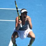 Danielle Collins of the U.S. celebrates winning her quarter final match against France's Alize Cornet at the 2022 Australian Open