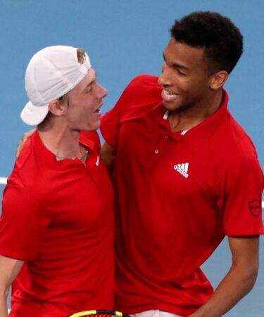Canada's Felix Auger-Aliassime and Denis Shapovalov celebrate winning their semi final doubles match against Russia's Daniil Medvedev and Roman Safiullin at the ATP Cup