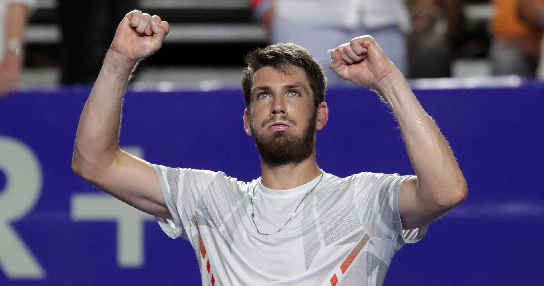 Britain's Cameron Norrie celebrates after winning his semifinal match against Greece's Stefanos Tsitsipas at the Abierto Mexicano Open in Acapulco
