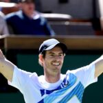 Andy Murray (GBR) celebrates after defeating Taro Daniel (JPN) for his 700th career match win at the BNP Paribas Open at the Indian Wells Tennis Garden.