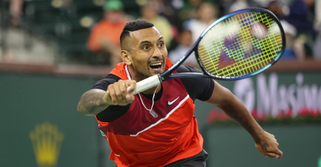 Nick Kyrgios (AUS) hits a forehand during the BNP Paribas Open on March 11, 2022 at Indian Wells Tennis Garden in Indian Wells,