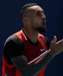 Nick Kyrgios argues with chair umpire Carlos Bernardes after being assessed a point penalty during his fourth round match in the Miami Open at Hard Rock Stadium.