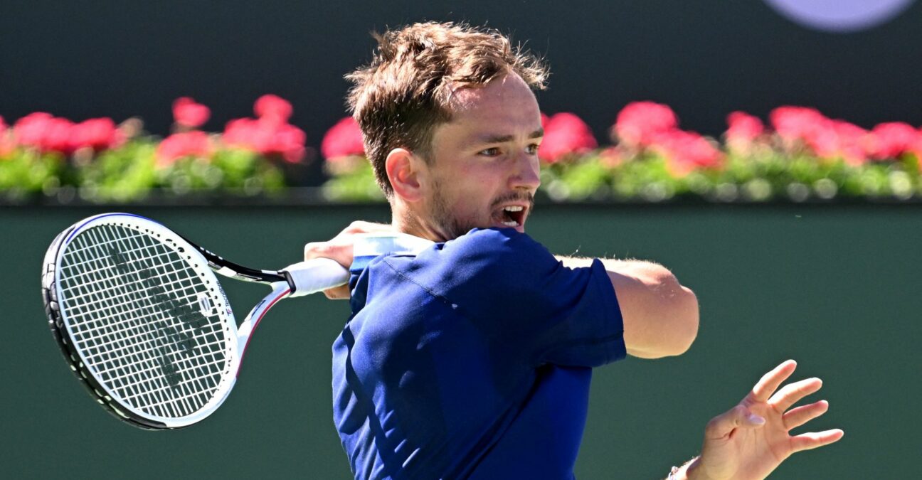 Daniil Medvedev hits a shot in his 2nd round match at the BNP Paribas open at the Indian Wells Tennis Garden.