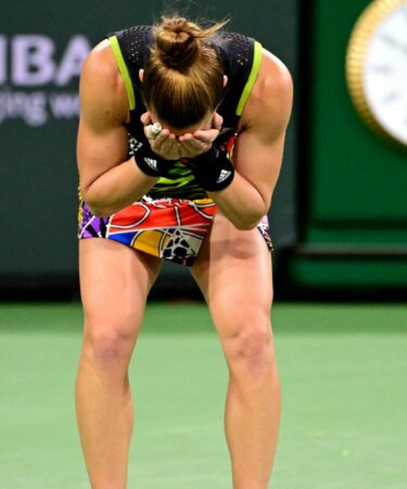 Maria Sakkari (GRE) is overcome with emotion after defeating Paula Badosa (ESP) in her semifinal match during the BNP Paribas Open at the Indian Wells Tennis Garden.