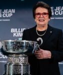 Tennis legend Billie Jean King with the trophy for the Billie Jean King Cup Finals