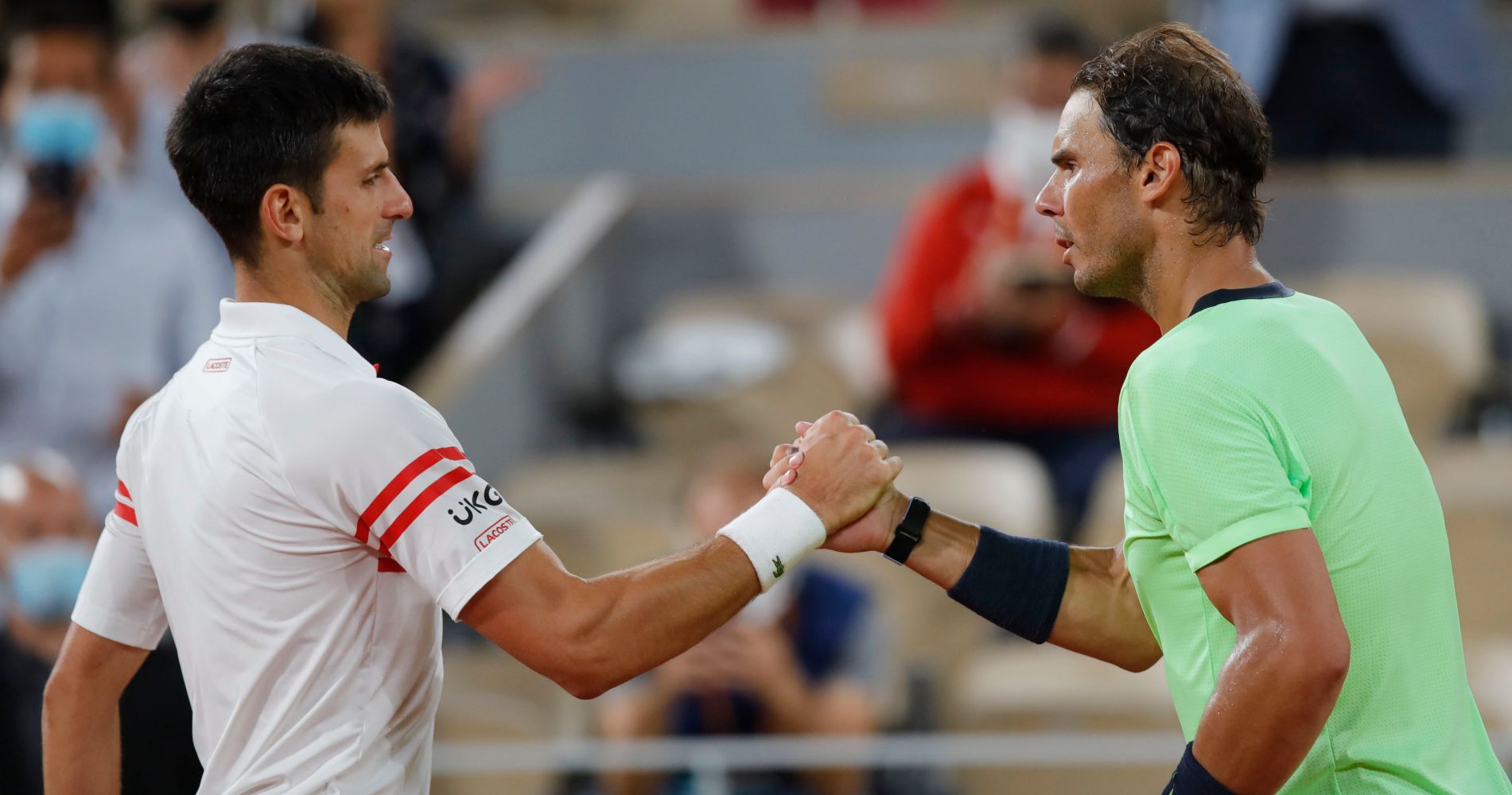 Serbia's Novak Djokovic and Spain's Rafael Nadal at Roland Garros in 2021
