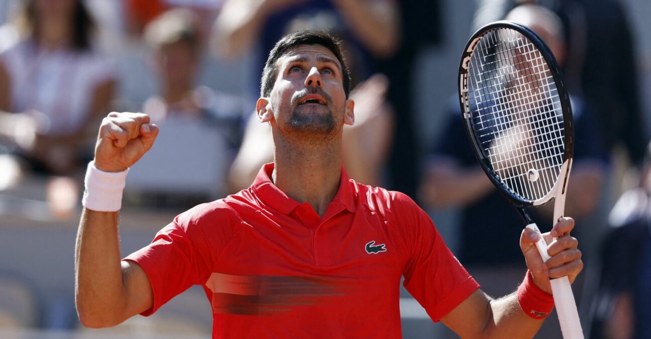 Serbia's Novak Djokovic celebrates winning his third round match against Slovenia's Aljaz Bedene at the French Open