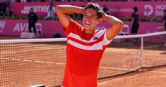 Sebastian Baez from Argentina (R) celebrates his victory during the Millennium Estoril Open Final ATP 250 tennis tournament