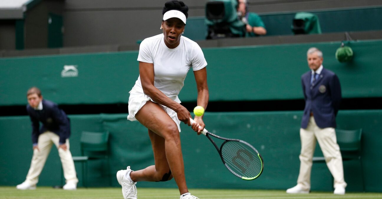 Venus Williams of the U.S. in action during her second round match against Tunisia's Ons Jabeur at Wimbledon in 2021