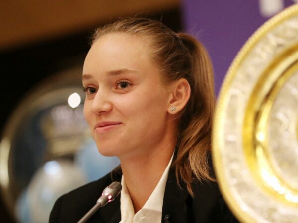 Elena Rybakina attends a press conference in Nur Sultan in 2022