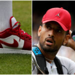 Nick Kyrgios' red shoes and cap, Wimbledon 2022