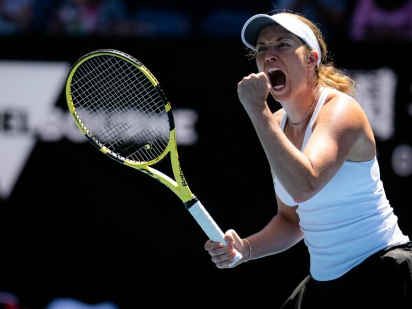 Danielle Collins of the United States in action during the fourth round at the 2022 Australian Open Grand Slam Tennis Tournament