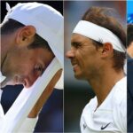 Novak Djokovic à l'Open d'Australie 2021 (à droite), victime d'une déchirure musculaire